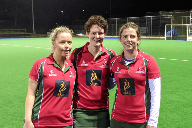 DLHC's 1XI's three goalscorers against Instonians: Leanna Young, Carolyn Scott and Ali Stevenson